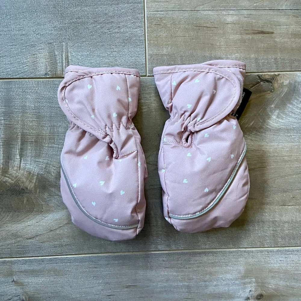 H&M Water-repellent Ski Mittens in Pink Hearts
